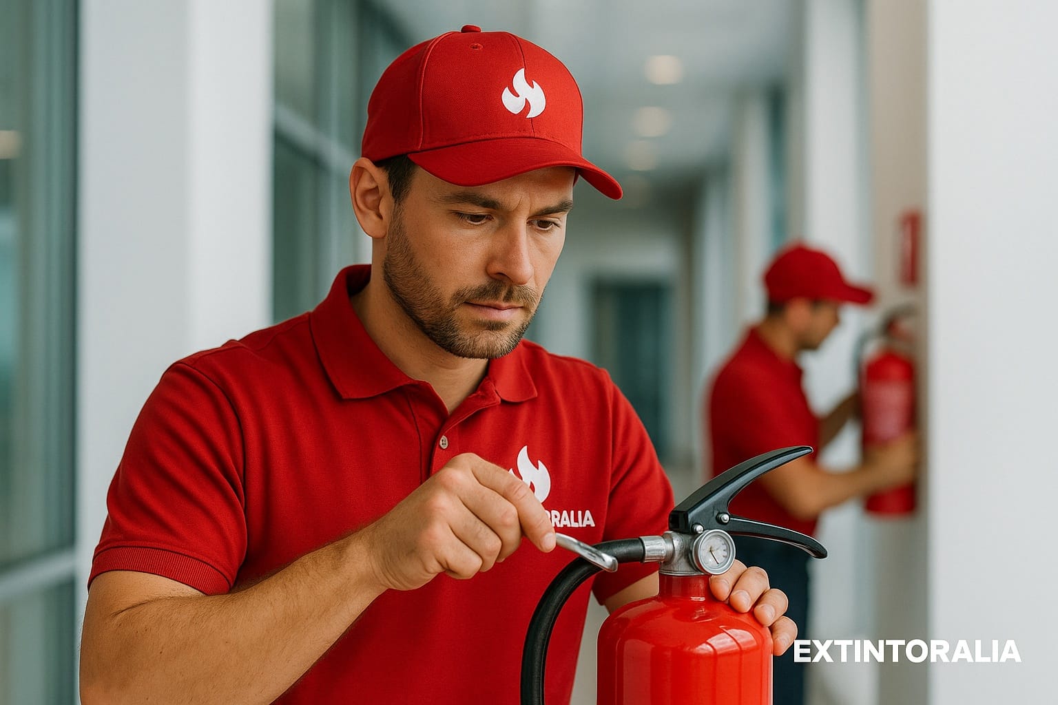 Técnico de Extintoralia prestando servicio de protección contra incendios en Barcelona